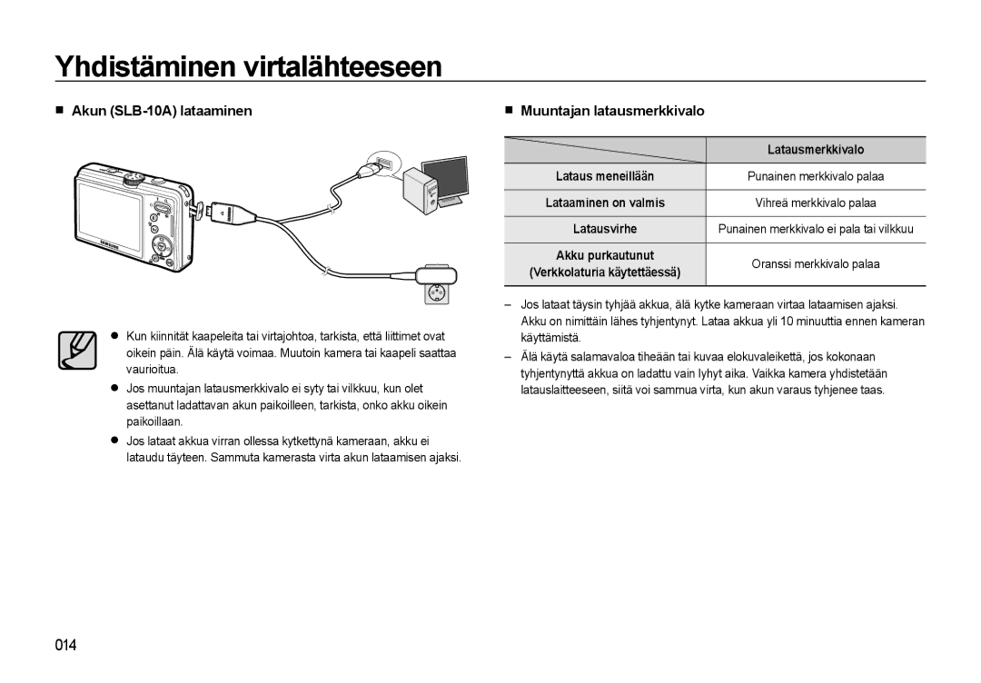 Samsung EC-L310WBBA/E3, EC-L310WSBA/E2 manual Akun SLB-10A lataaminen, Muuntajan latausmerkkivalo, Latausmerkkivalo 