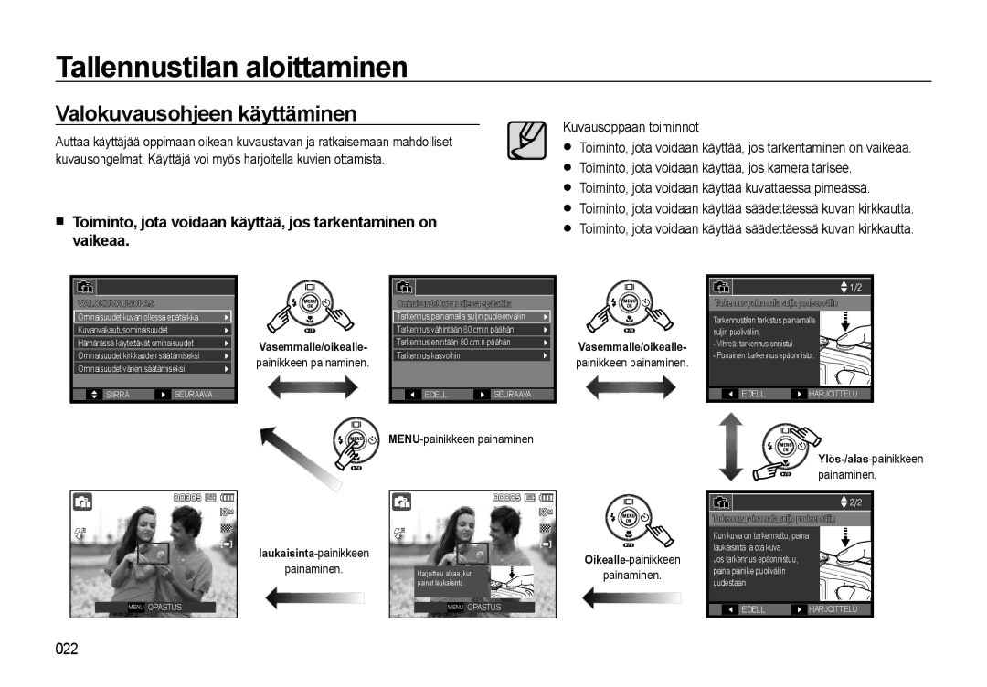 Samsung EC-L310WNBA/E2, EC-L310WBBA/E3, EC-L310WSBA/E2, EC-L310WBBA/E2 Valokuvausohjeen käyttäminen, Kuvausoppaan toiminnot 