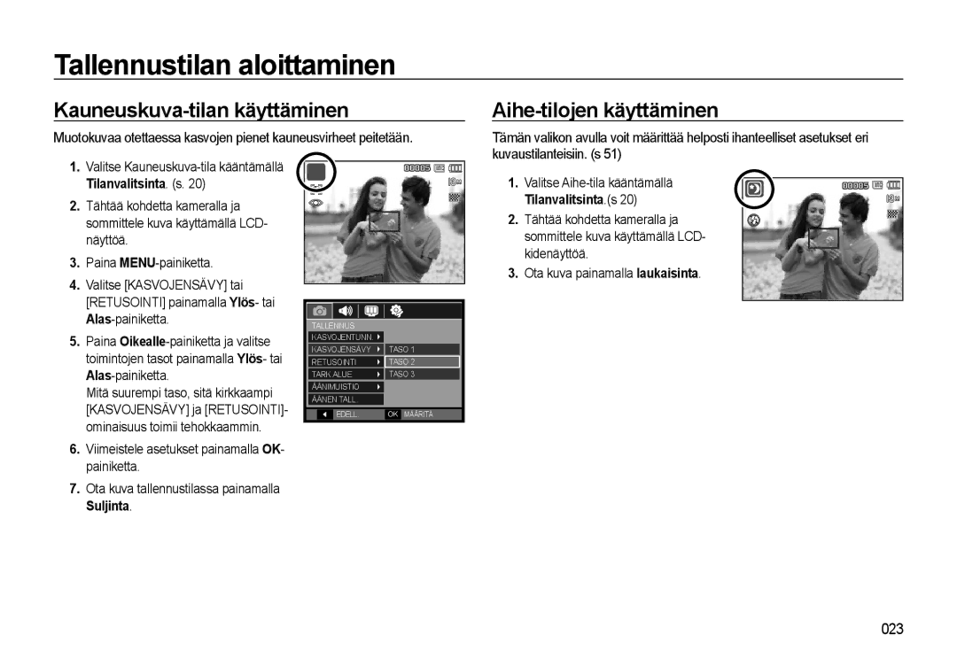 Samsung EC-L310WPBA/E2, EC-L310WBBA/E3, EC-L310WSBA/E2 manual Kauneuskuva-tilan käyttäminen, Aihe-tilojen käyttäminen 