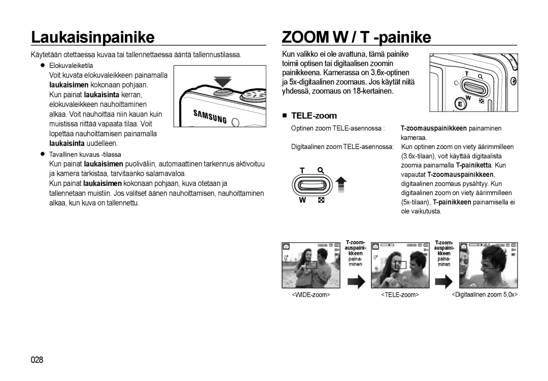 Samsung EC-L310WPBA/E2, EC-L310WBBA/E3 manual Laukaisinpainike, Zoom W / T -painike, TELE-zoom, Vapautat T-zoomauspainikkeen 