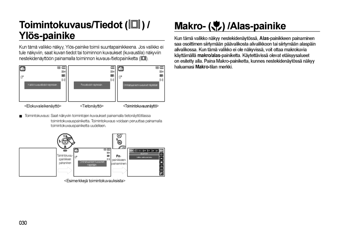 Samsung EC-L310WSBA/E2, EC-L310WBBA/E3, EC-L310WBBA/E2 manual Toimintokuvaus/Tiedot / Ylös-painike, Makro- /Alas-painike 