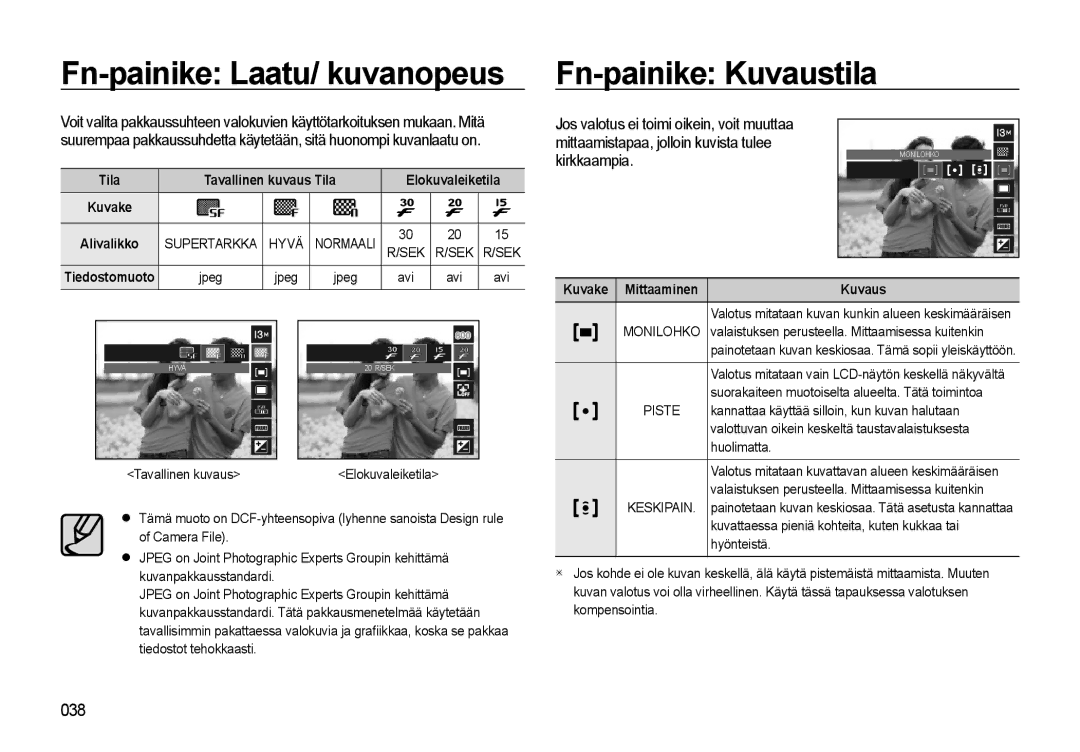 Samsung EC-L310WPBA/E2 Fn-painike Laatu/ kuvanopeus, Fn-painike Kuvaustila, Jos valotus ei toimi oikein, voit muuttaa 