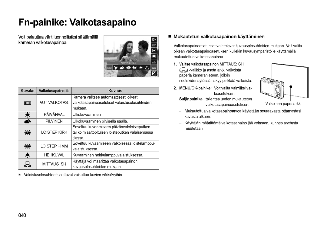 Samsung EC-L310WSBA/E2, EC-L310WBBA/E3, EC-L310WBBA/E2 Fn-painike Valkotasapaino, Mukautetun valkotasapainon käyttäminen 