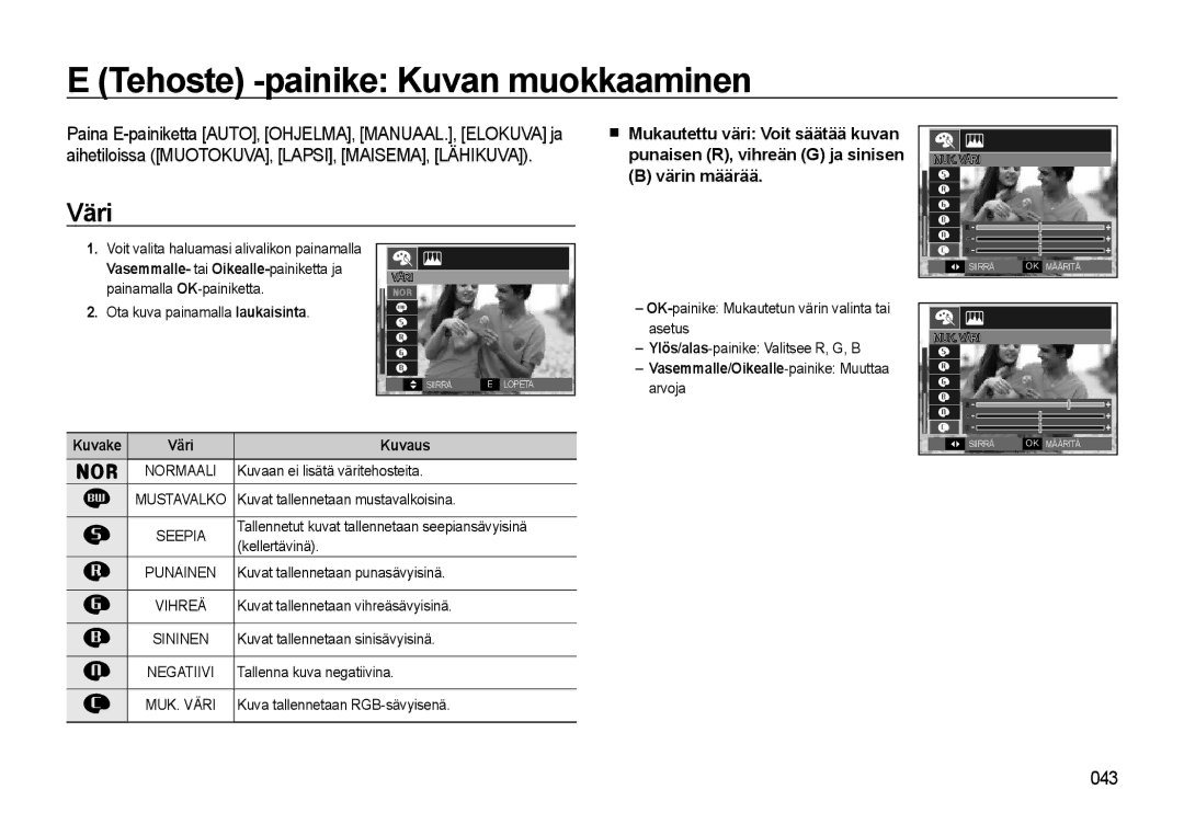 Samsung EC-L310WPBA/E2 Tehoste -painike Kuvan muokkaaminen, Värin määrää, Vasemmalle/Oikealle-painike Muuttaa arvoja 