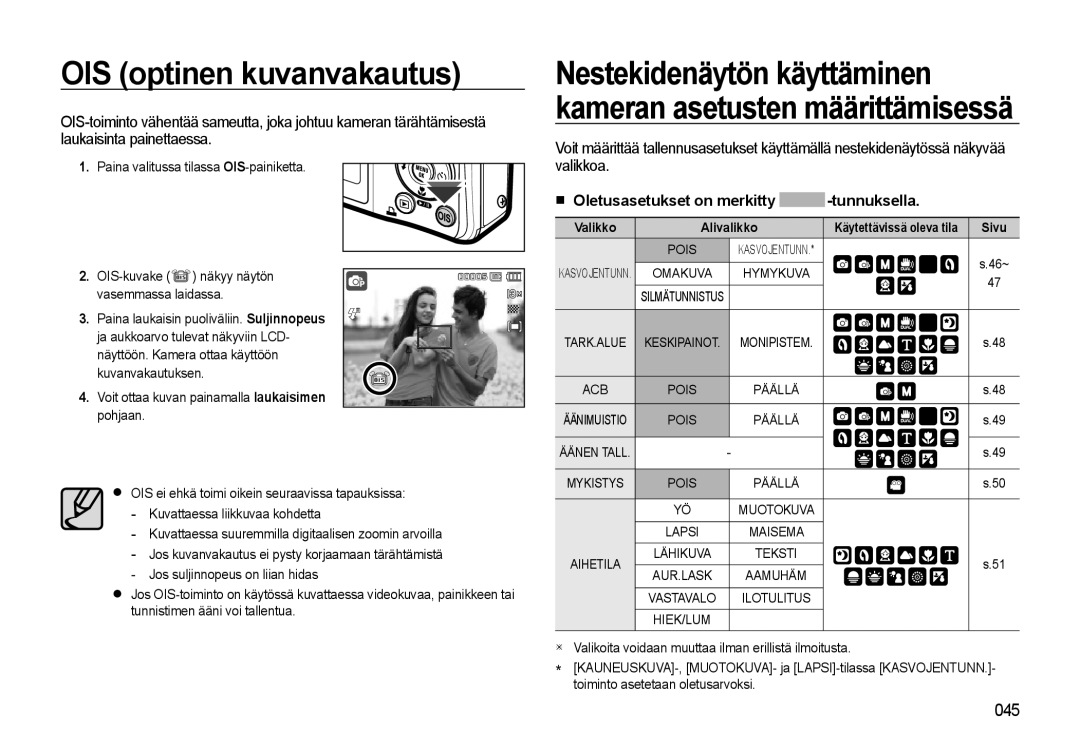 Samsung EC-L310WSBA/E2 manual OIS optinen kuvanvakautus, Oletusasetukset on merkitty -tunnuksella, Vasemmassa laidassa 