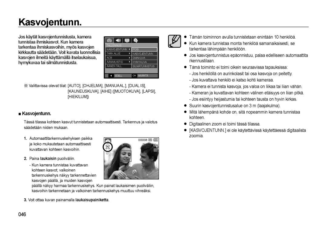 Samsung EC-L310WBBA/E2, EC-L310WBBA/E3, EC-L310WSBA/E2, EC-L310WNBA/E2, EC-L310WPBA/E2 manual Kasvojentunn 