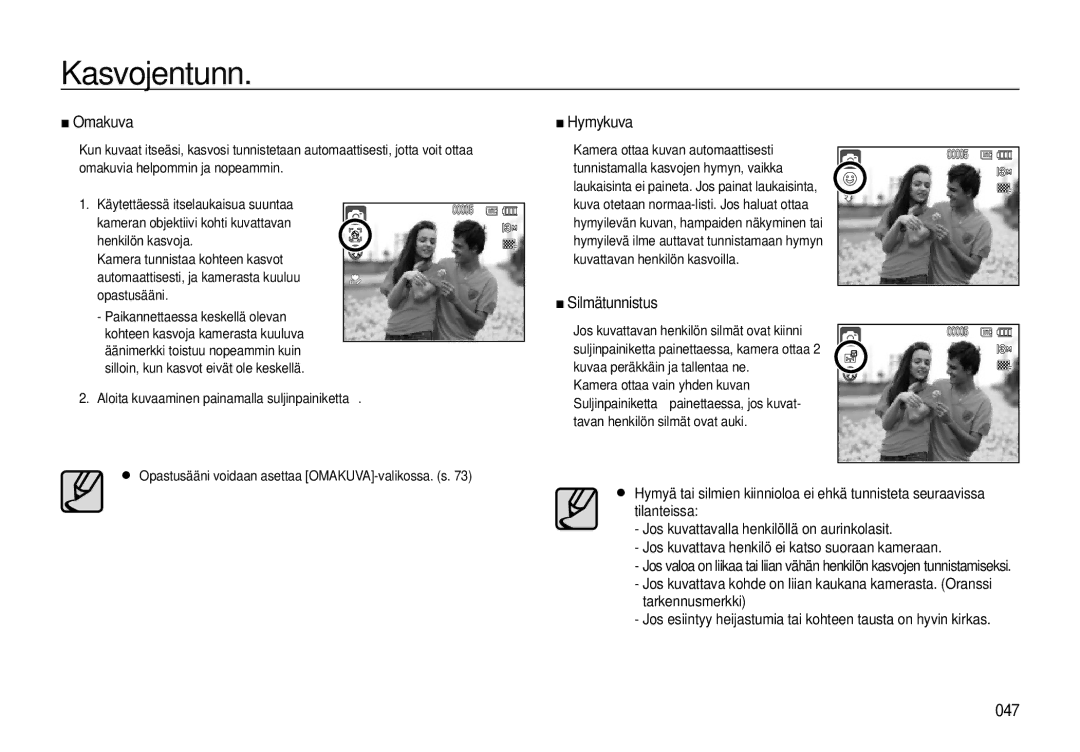 Samsung EC-L310WNBA/E2, EC-L310WBBA/E3, EC-L310WSBA/E2, EC-L310WBBA/E2, EC-L310WPBA/E2 manual Omakuva, Hymykuva, Silmätunnistus 