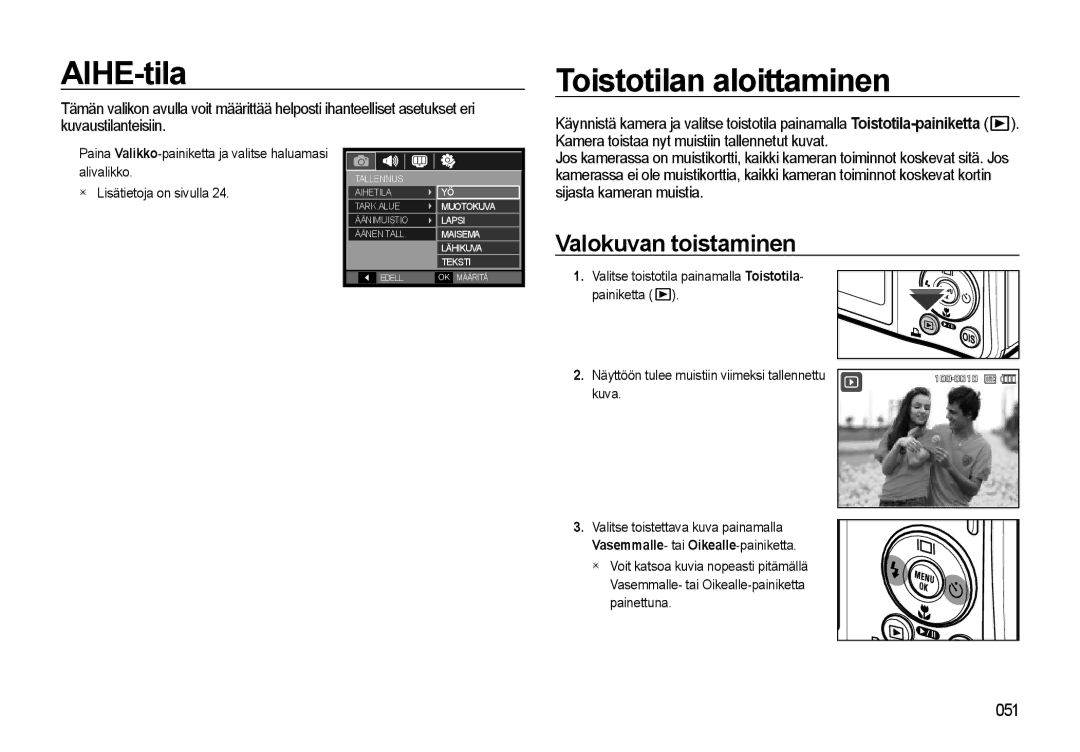 Samsung EC-L310WBBA/E2, EC-L310WBBA/E3, EC-L310WSBA/E2 manual AIHE-tila, Toistotilan aloittaminen, Valokuvan toistaminen 