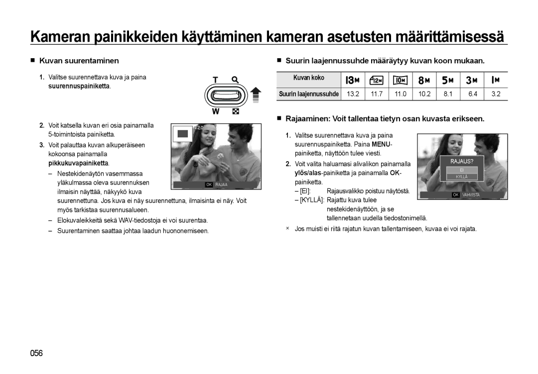 Samsung EC-L310WBBA/E2 Kuvan suurentaminen, Rajaaminen Voit tallentaa tietyn osan kuvasta erikseen, Pikkukuvapainiketta 