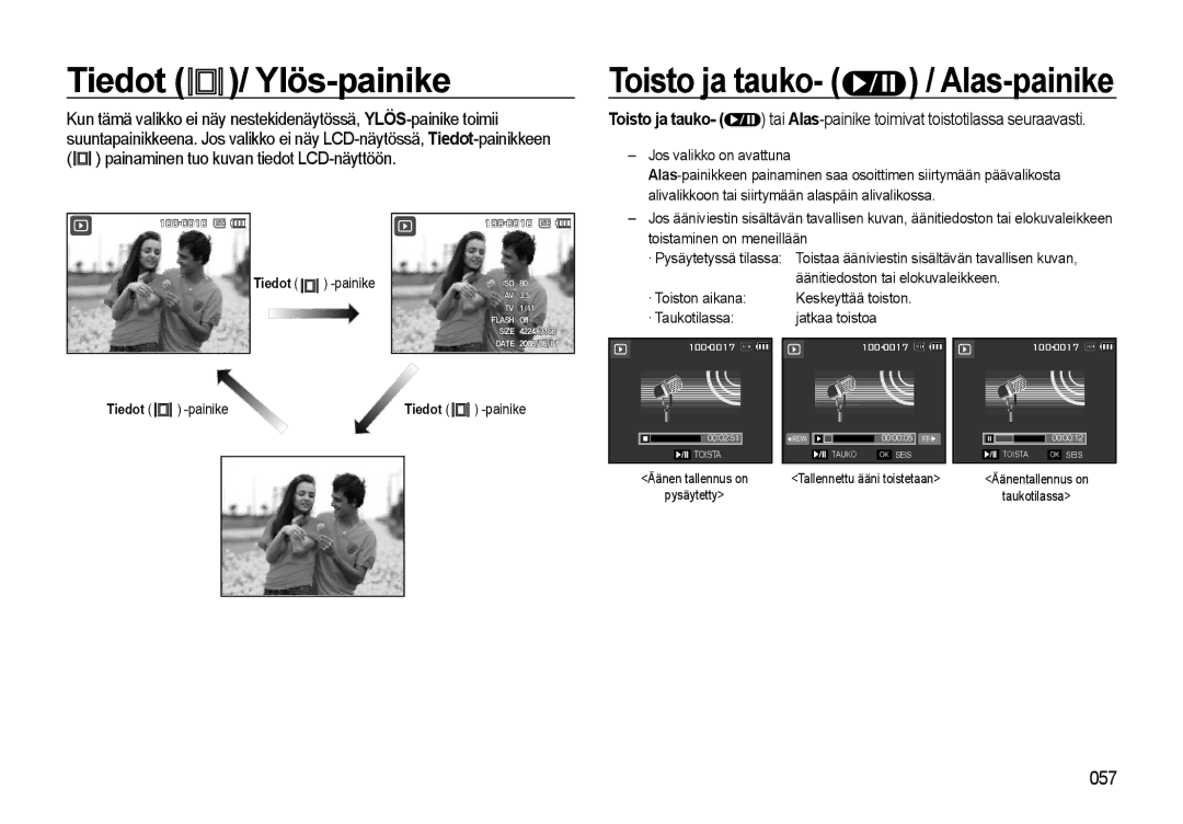 Samsung EC-L310WNBA/E2 Tiedot / Ylös-painike, Alivalikkoon tai siirtymään alaspäin alivalikossa, Toistaminen on meneillään 