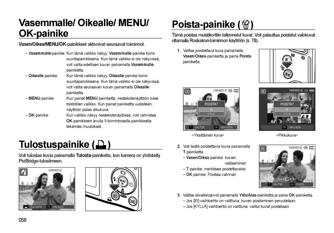 Samsung EC-L310WPBA/E2, EC-L310WBBA/E3 manual Vasemmalle/ Oikealle/ MENU/ OK-painike, Poista-painike, Tulostuspainike 