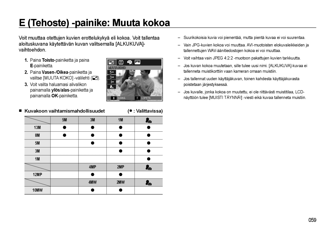 Samsung EC-L310WBBA/E3, EC-L310WSBA/E2, EC-L310WBBA/E2, EC-L310WNBA/E2, EC-L310WPBA/E2 manual Tehoste -painike Muuta kokoa, 13M 