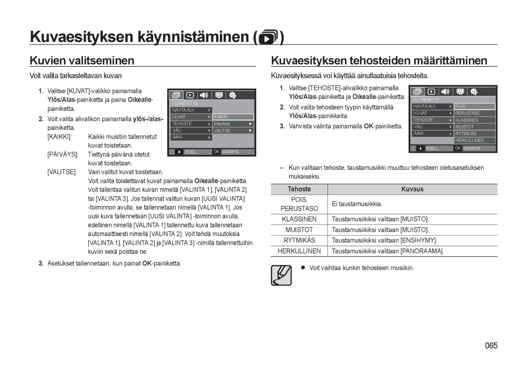 Samsung EC-L310WSBA/E2 manual Kuvaesityksen käynnistäminen, Kuvien valitseminen, Kuvaesityksen tehosteiden määrittäminen 