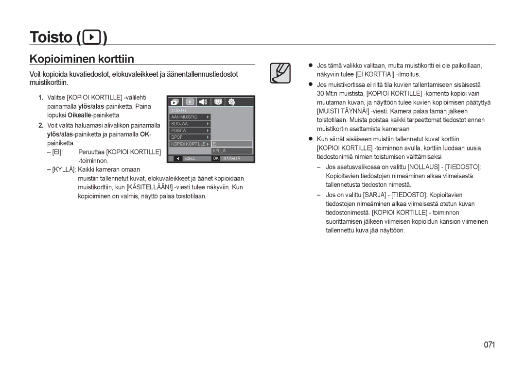 Samsung EC-L310WBBA/E2 Kopioiminen korttiin, Valitse Kopioi Kortille -välilehti, Lopuksi Oikealle-painiketta, Toiminnon 