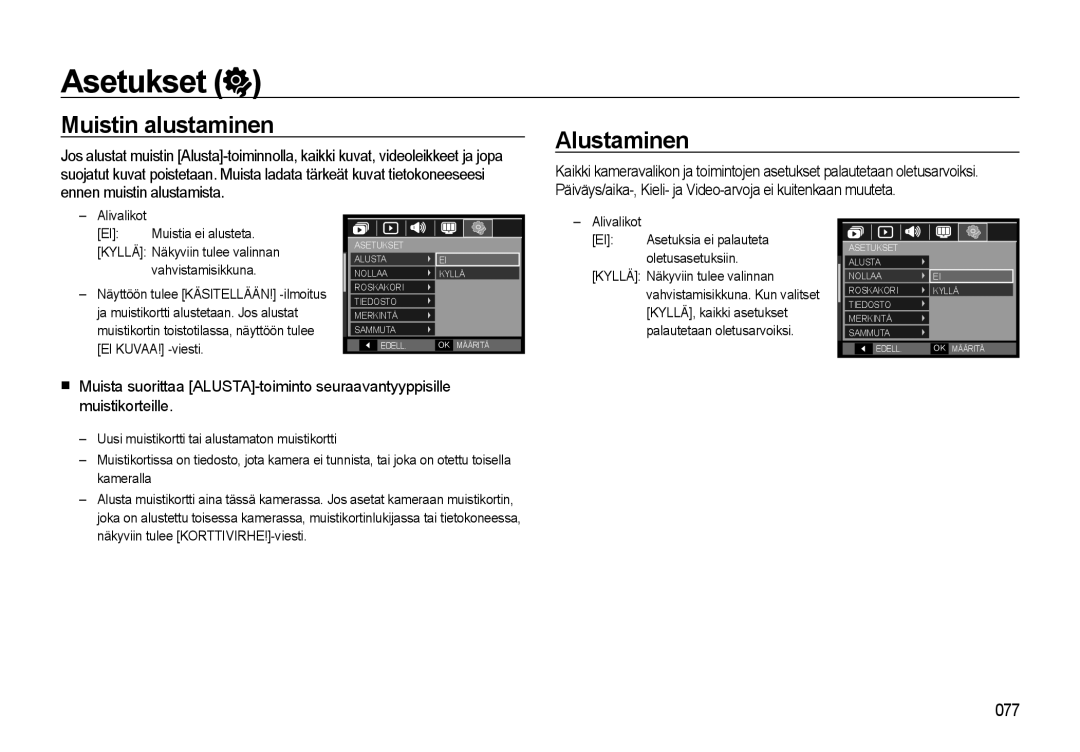 Samsung EC-L310WNBA/E2, EC-L310WBBA/E3, EC-L310WSBA/E2, EC-L310WBBA/E2 manual Asetukset, Muistin alustaminen, Alustaminen 