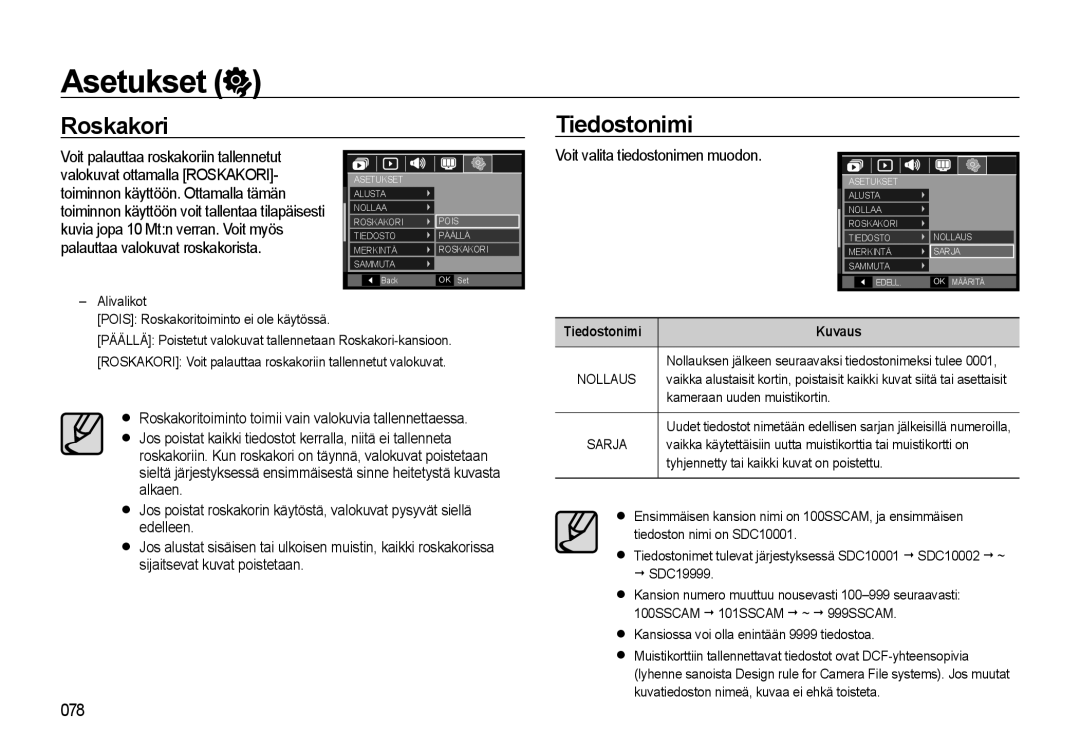 Samsung EC-L310WPBA/E2, EC-L310WBBA/E3 manual Roskakori Tiedostonimi, Tiedostonimi Kuvaus, Kameraan uuden muistikortin 