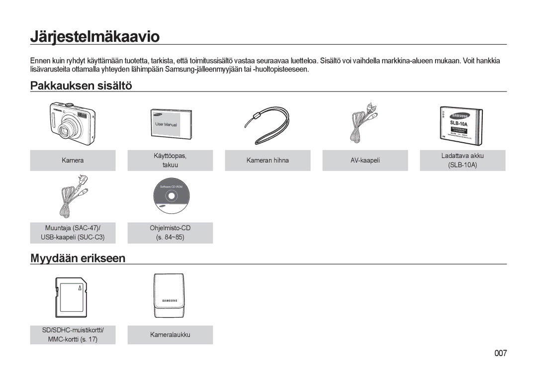 Samsung EC-L310WNBA/E2, EC-L310WBBA/E3, EC-L310WSBA/E2 manual Järjestelmäkaavio, Pakkauksen sisältö, Myydään erikseen 