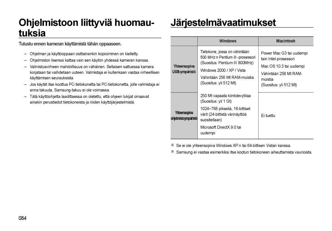 Samsung EC-L310WBBA/E3, EC-L310WSBA/E2 Ohjelmistoon liittyviä huomau- tuksia, Järjestelmävaatimukset, Windows Macintosh 