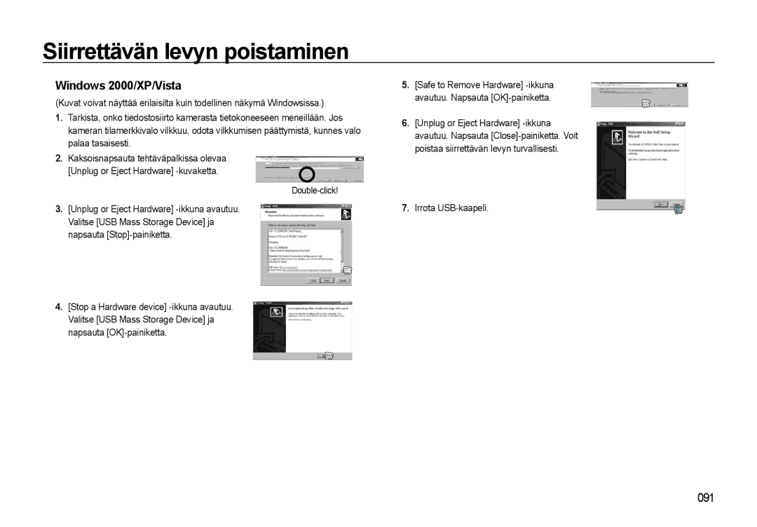 Samsung EC-L310WBBA/E2, EC-L310WBBA/E3 manual Siirrettävän levyn poistaminen, Windows 2000/XP/Vista, Irrota USB-kaapeli 