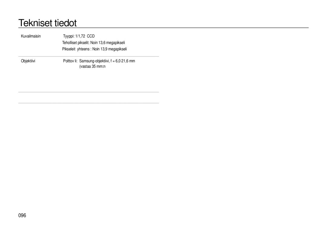 Samsung EC-L310WBBA/E2, EC-L310WBBA/E3, EC-L310WSBA/E2, EC-L310WNBA/E2, EC-L310WPBA/E2 manual Tekniset tiedot 