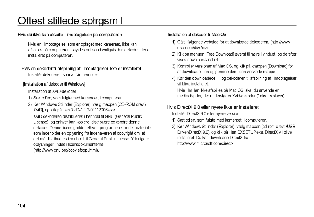 Samsung EC-L310WBBA/E3 Hvis du ikke kan afspille ﬁlmoptagelsen på computeren, 104, Installér dekoderen som anført herunder 