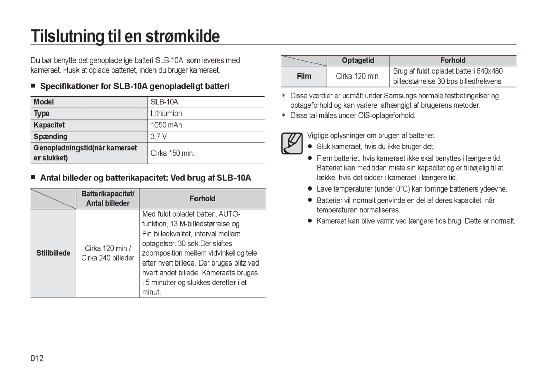 Samsung EC-L310WNBA/E2 manual Tilslutning til en strømkilde, Speciﬁkationer for SLB-10A genopladeligt batteri, 012 