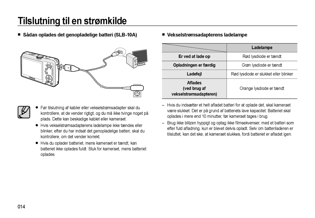 Samsung EC-L310WBBA/E3 Sådan oplades det genopladelige batteri SLB-10A, Vekselstrømsadapterens ladelampe, 014, Ladelampe 