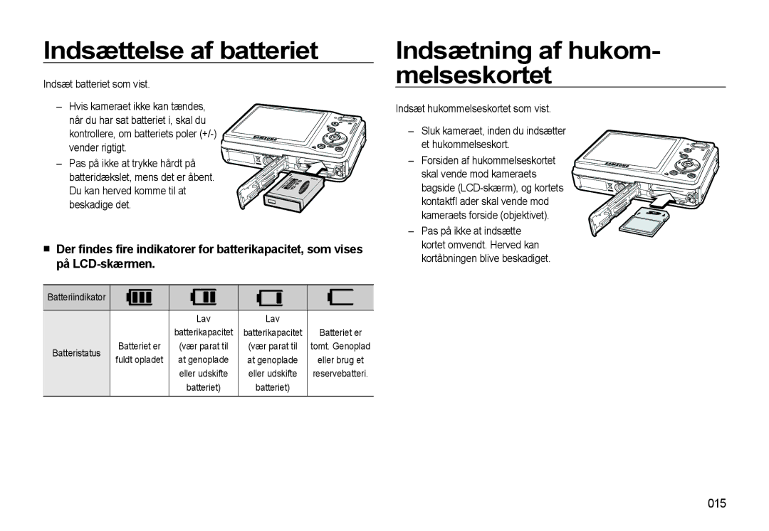 Samsung EC-L310WSBA/E2, EC-L310WBBA/E3, EC-L310WBBA/E2 Indsættelse af batteriet, Indsætning af hukom- melseskortet, 015 