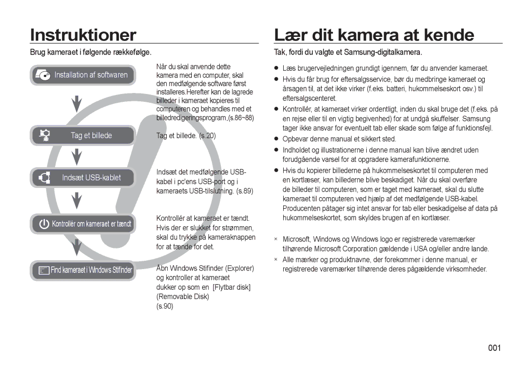 Samsung EC-L310WBBA/E2, EC-L310WBBA/E3 Instruktioner, Lær dit kamera at kende, Brug kameraet i følgende rækkefølge, 001 