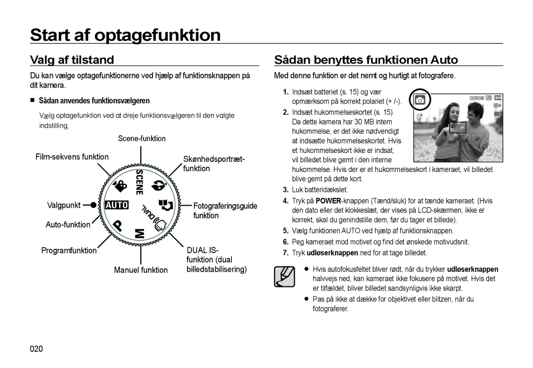 Samsung EC-L310WSBA/E2, EC-L310WBBA/E3 manual Start af optagefunktion, Valg af tilstand, Sådan benyttes funktionen Auto 