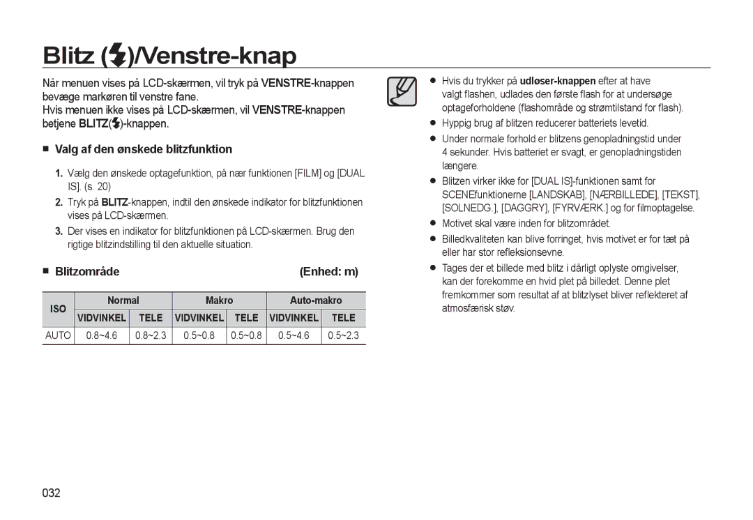 Samsung EC-L310WNBA/E2, EC-L310WBBA/E3 Blitz /Venstre-knap, Valg af den ønskede blitzfunktion, Blitzområde Enhed m, 032 