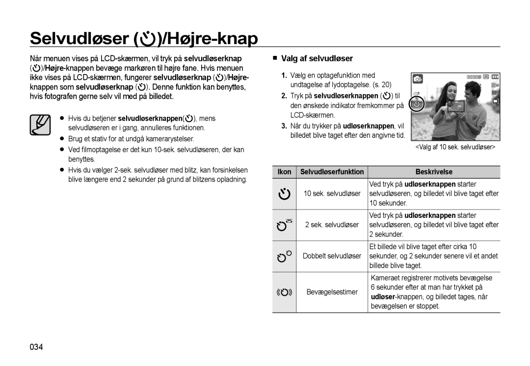 Samsung EC-L310WBBA/E3, EC-L310WSBA/E2, EC-L310WBBA/E2 manual Selvudløser /Højre-knap, Valg af selvudløser, 034, Ikon 