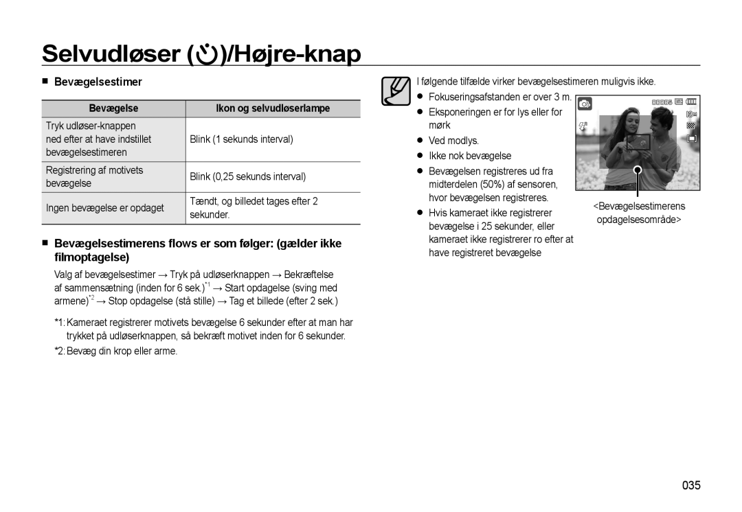 Samsung EC-L310WSBA/E2, EC-L310WBBA/E3 manual Bevægelsestimer, 035, Følgende tilfælde virker bevægelsestimeren muligvis ikke 