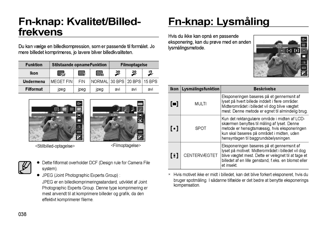 Samsung EC-L310WPBA/E2, EC-L310WBBA/E3, EC-L310WSBA/E2, EC-L310WBBA/E2 Fn-knap Kvalitet/Billed- frekvens, Fn-knap Lysmåling 