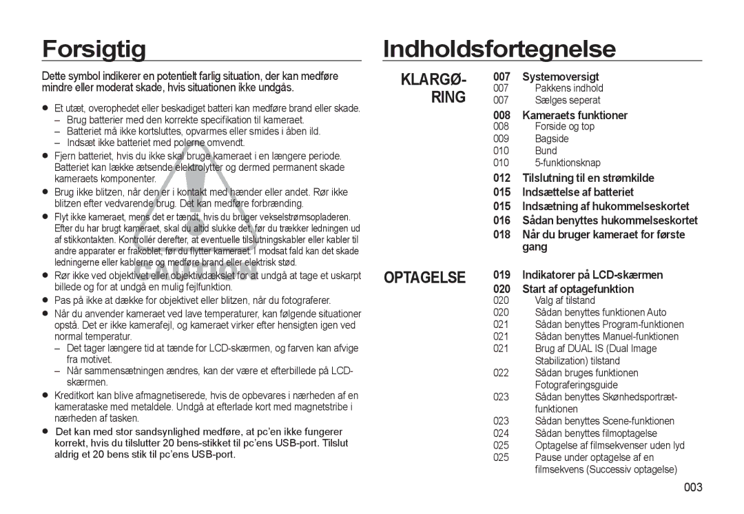 Samsung EC-L310WPBA/E2, EC-L310WBBA/E3 manual Forsigtig Indholdsfortegnelse, Systemoversigt, Kameraets funktioner, 003 