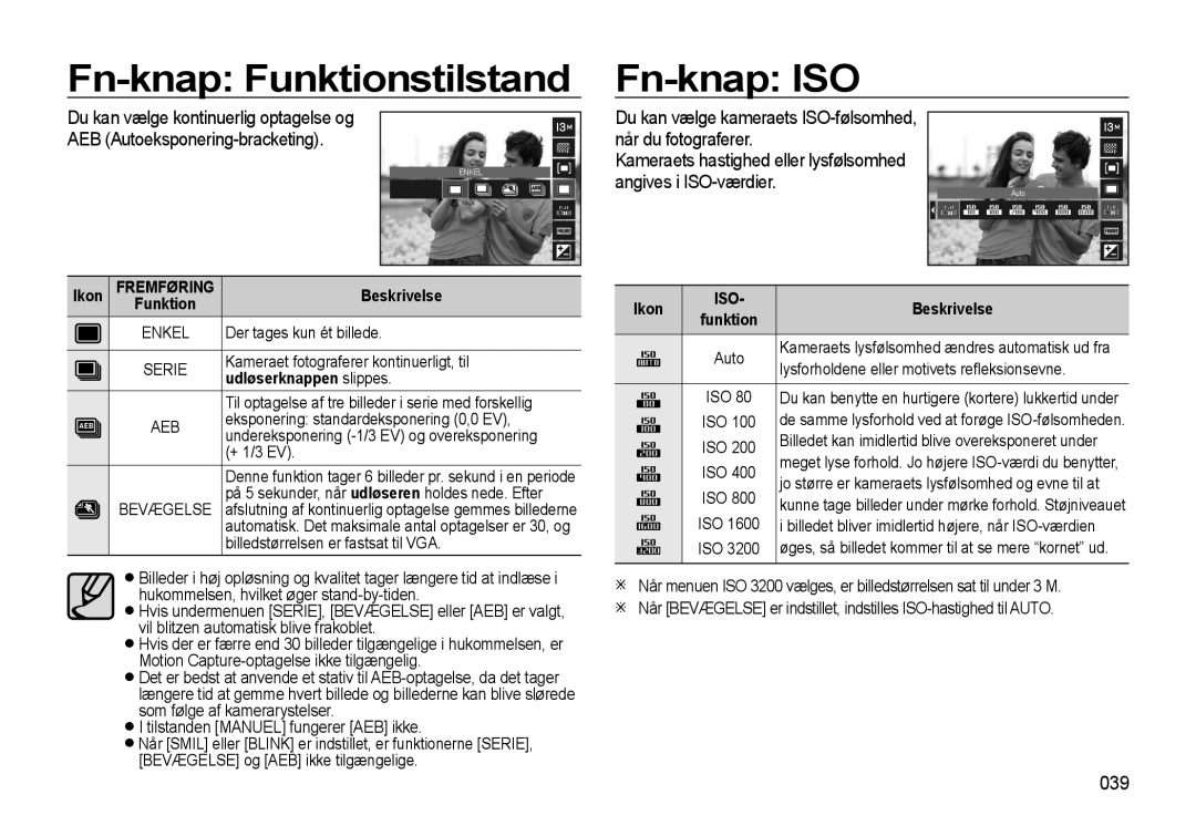 Samsung EC-L310WBBA/E3 manual Fn-knap Funktionstilstand Fn-knap ISO, Når du fotograferer, Angives i ISO-værdier, 039 