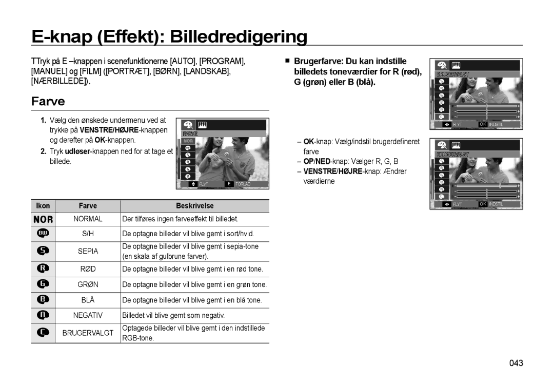 Samsung EC-L310WPBA/E2, EC-L310WBBA/E3 manual Knap Effekt Billedredigering, Farve, 043, VENSTRE/HØJRE-knap Ændrer værdierne 