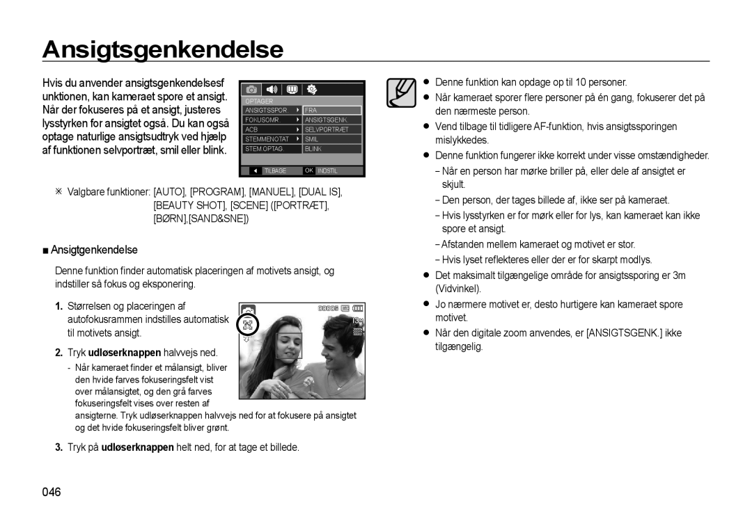 Samsung EC-L310WBBA/E2, EC-L310WBBA/E3, EC-L310WSBA/E2, EC-L310WNBA/E2 manual Ansigtsgenkendelse, Ansigtgenkendelse, 046 