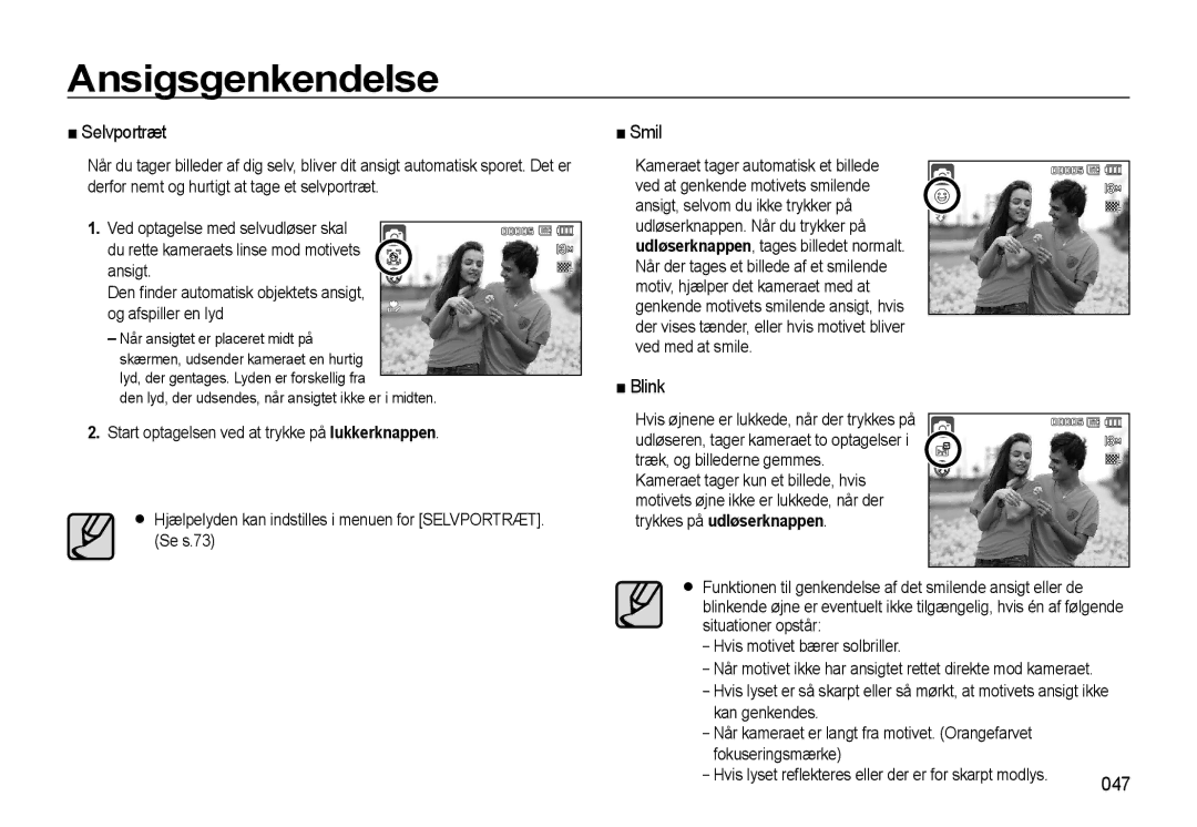 Samsung EC-L310WNBA/E2, EC-L310WBBA/E3, EC-L310WSBA/E2, EC-L310WBBA/E2 manual Ansigsgenkendelse, Selvportræt, Smil, Blink, 047 