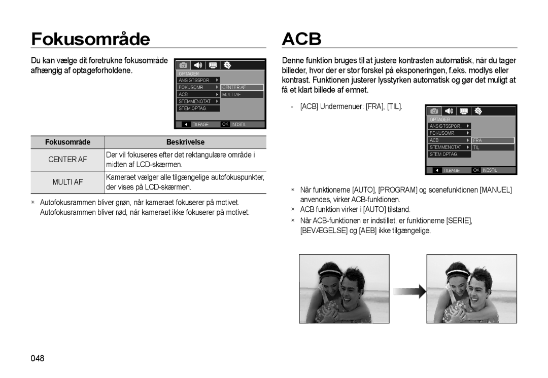 Samsung EC-L310WPBA/E2 manual Fokusområde, 048, ACB Undermenuer FRA, TIL, Midten af LCD-skærmen, Der vises på LCD-skærmen 