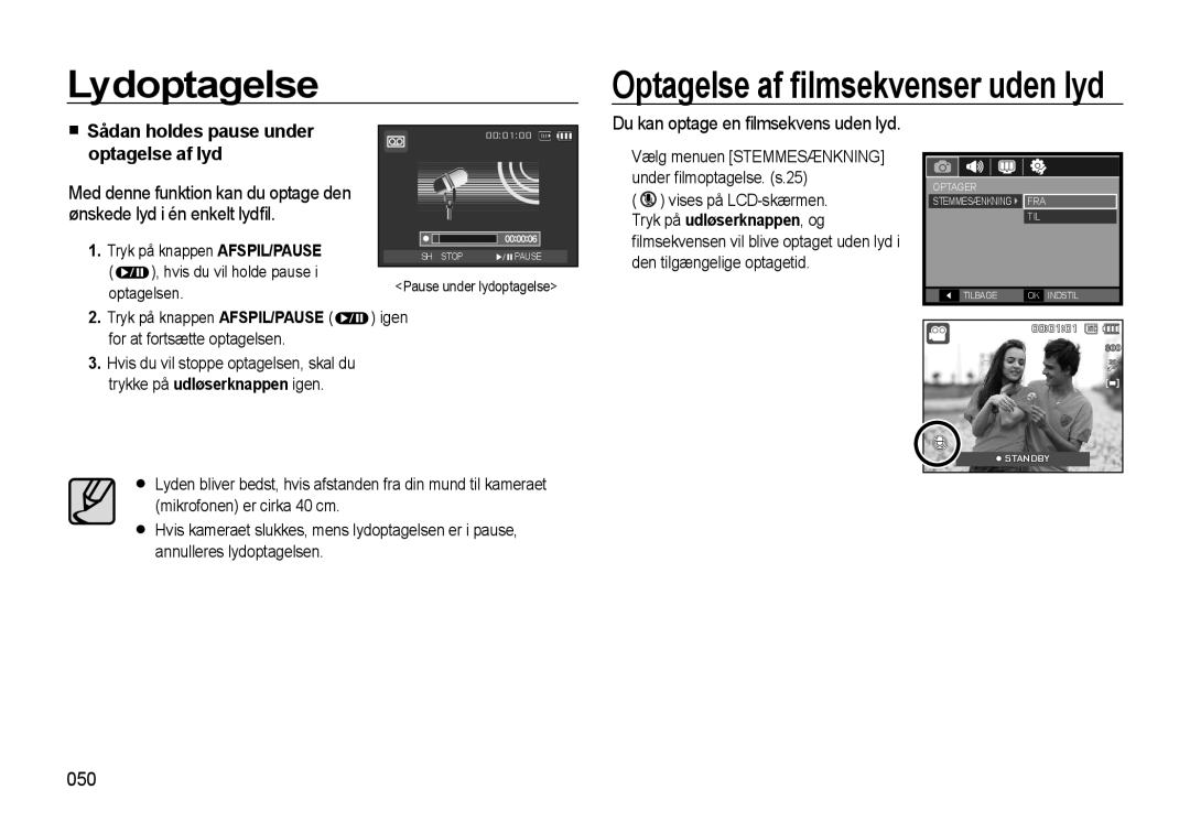 Samsung EC-L310WSBA/E2, EC-L310WBBA/E3 manual Sådan holdes pause under, Optagelse af lyd, Ønskede lyd i én enkelt lydﬁl, 050 