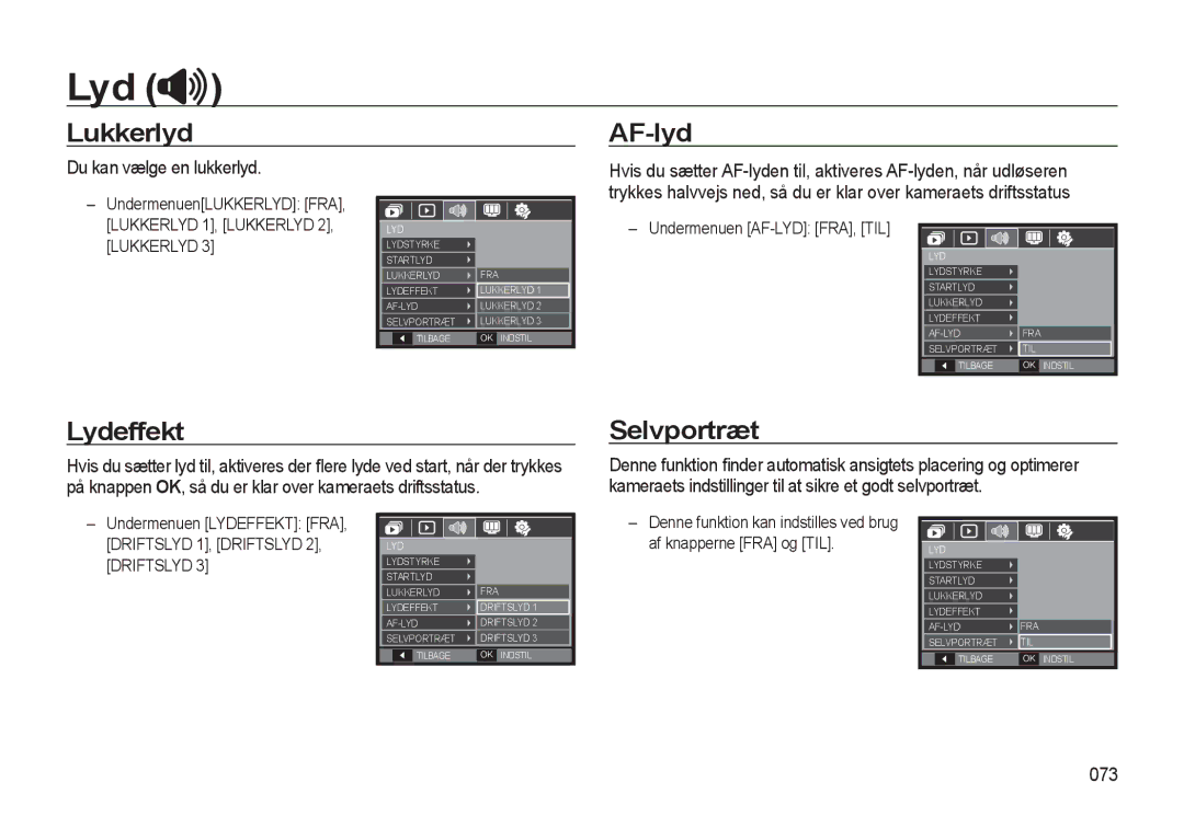 Samsung EC-L310WPBA/E2, EC-L310WBBA/E3 manual Lukkerlyd AF-lyd, Lydeffekt, Selvportræt, Du kan vælge en lukkerlyd, 073 