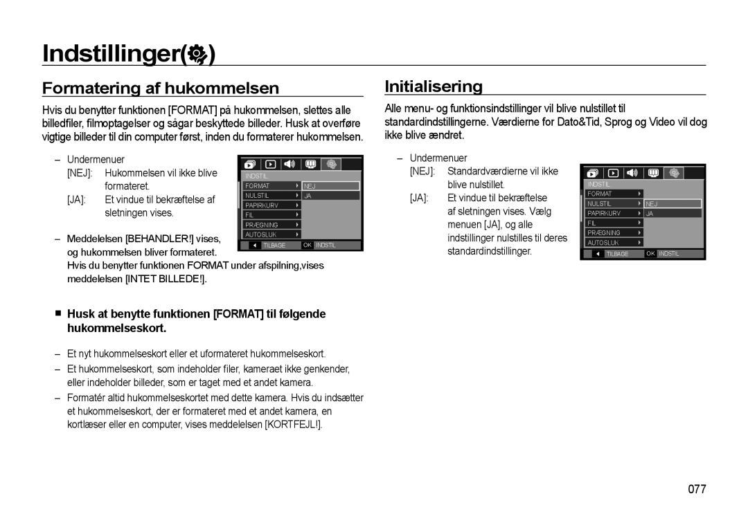 Samsung EC-L310WNBA/E2, EC-L310WBBA/E3, EC-L310WSBA/E2 manual Indstillinger, Formatering af hukommelsen, Initialisering, 077 