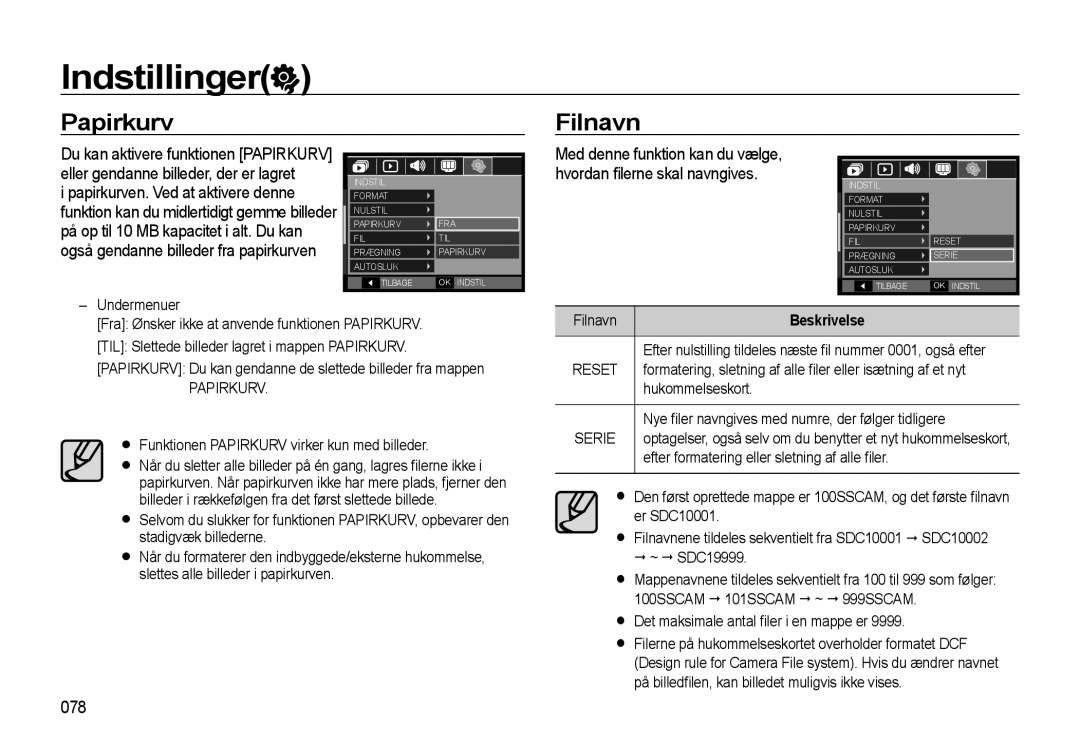 Samsung EC-L310WPBA/E2, EC-L310WBBA/E3, EC-L310WSBA/E2, EC-L310WBBA/E2, EC-L310WNBA/E2 manual Papirkurv Filnavn, 078 