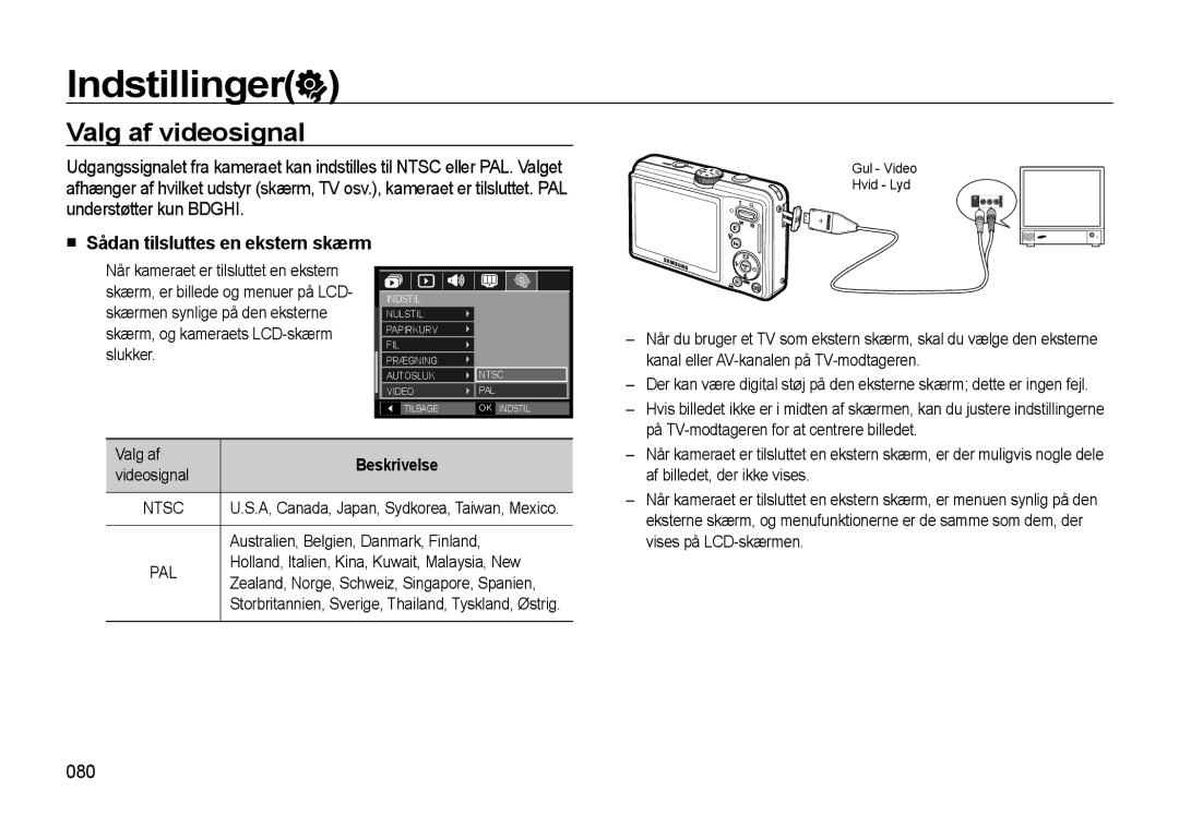 Samsung EC-L310WSBA/E2, EC-L310WBBA/E3, EC-L310WBBA/E2, EC-L310WNBA/E2, EC-L310WPBA/E2 manual Valg af videosignal, 080 