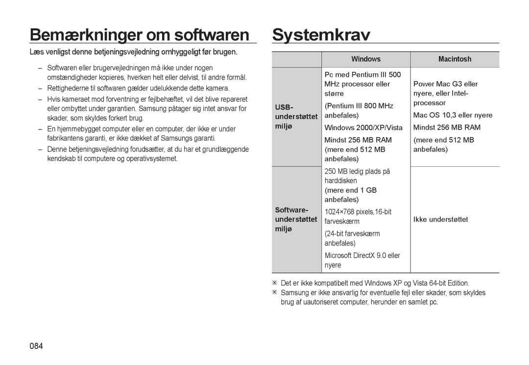 Samsung EC-L310WBBA/E3, EC-L310WSBA/E2, EC-L310WBBA/E2, EC-L310WNBA/E2 manual Bemærkninger om softwaren, Systemkrav, 084 