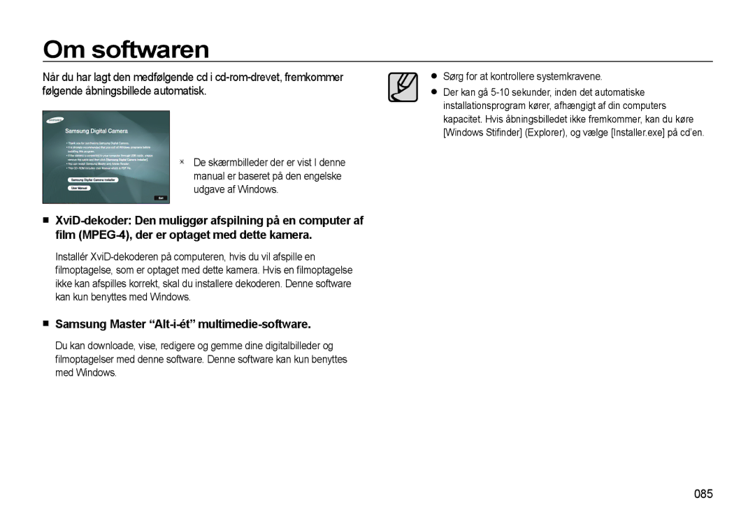 Samsung EC-L310WSBA/E2, EC-L310WBBA/E3, EC-L310WBBA/E2 manual Om softwaren, Samsung Master Alt-i-ét multimedie-software, 085 