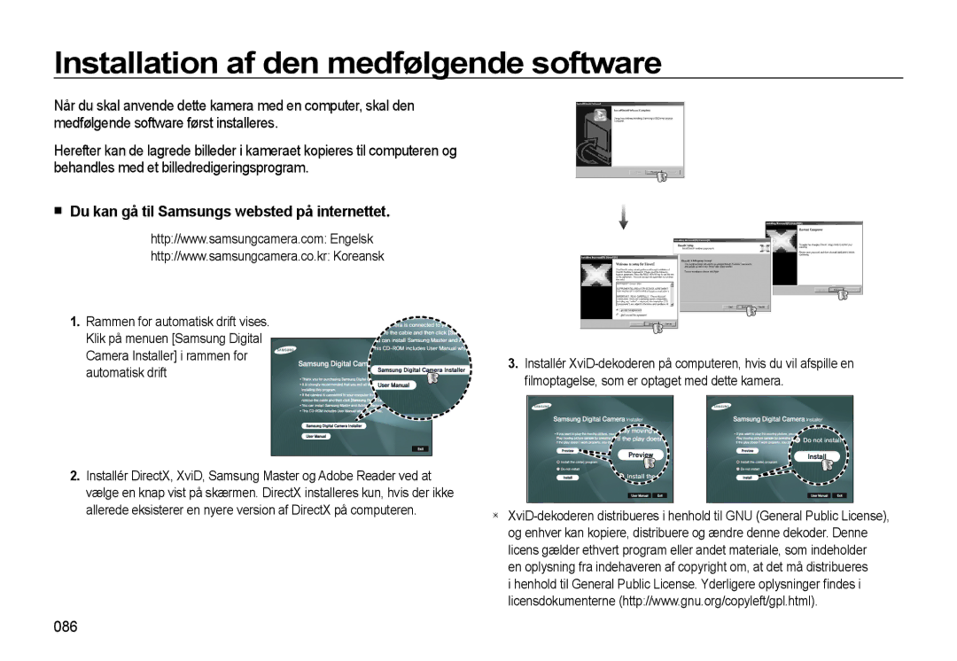 Samsung EC-L310WBBA/E2 manual Installation af den medfølgende software, Du kan gå til Samsungs websted på internettet, 086 