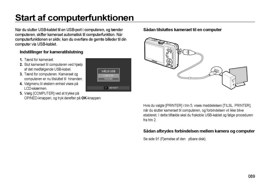 Samsung EC-L310WBBA/E3, EC-L310WSBA/E2 manual Start af computerfunktionen, Indstillinger for kameratilslutning, 089 