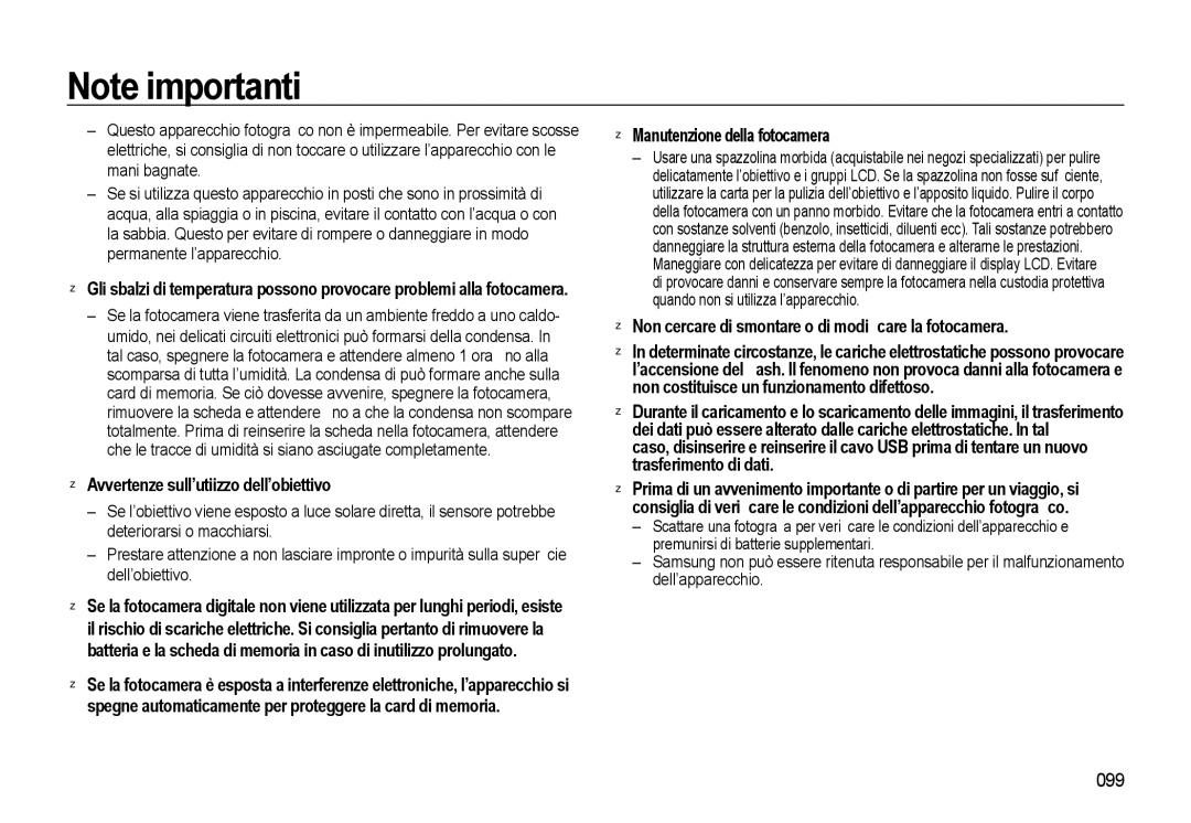 Samsung EC-L310WNBB/IT, EC-L310WBBA/IT manual Avvertenze sull’utiizzo dell’obiettivo, Manutenzione della fotocamera, 099 